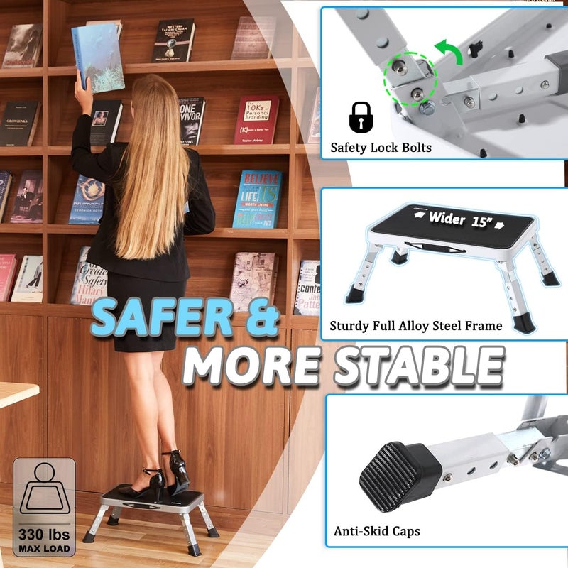 Double Elite 3 Levels Adjustable Folding One Step Stool, Safer Metal Step Stools for Adults/Seniors, Heavy Duty Small Foldable Kitchen Stepping Stool for Bathroom Toddlers, Foot Stool Desk Office Work - Image 4